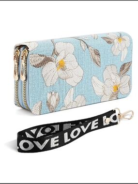 Floral Zip-Around Wristlet Wallet in Light Blue